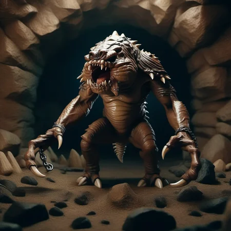 cinematic photo a full body portrait monster, claws, sharp teeth, cave, chains <lora:Rancor1024:0.8> . 35mm photograph, film, bokeh, professional, 4k, highly detailed