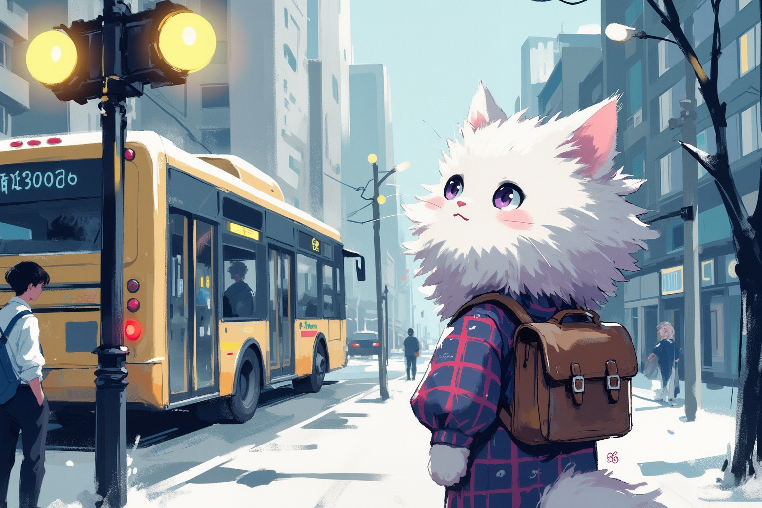 Special Ink-drawing mode, soft lighting with dynamic highlights,  A cute anthropomorphic white kitten with big lilac eyes and long fluffy fur, dressed in a plaid jumpsuit with a satchel on his back, stands at a bus stop and looks out for a bus