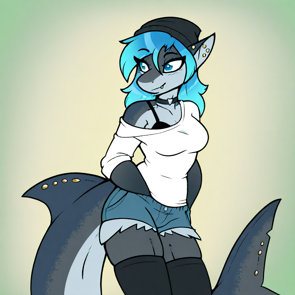 erikaAmbris, shark, furry, blue hair, grey skin, ear piercing, tail piercing, beanie, off shoulder, white shirt, black bra, denim shorts, black thighhighs, toeless stockings, choker, smile, hands in pockets, 1girl, solo, countershading, two-tone skin, closed mouth, fang, fang out