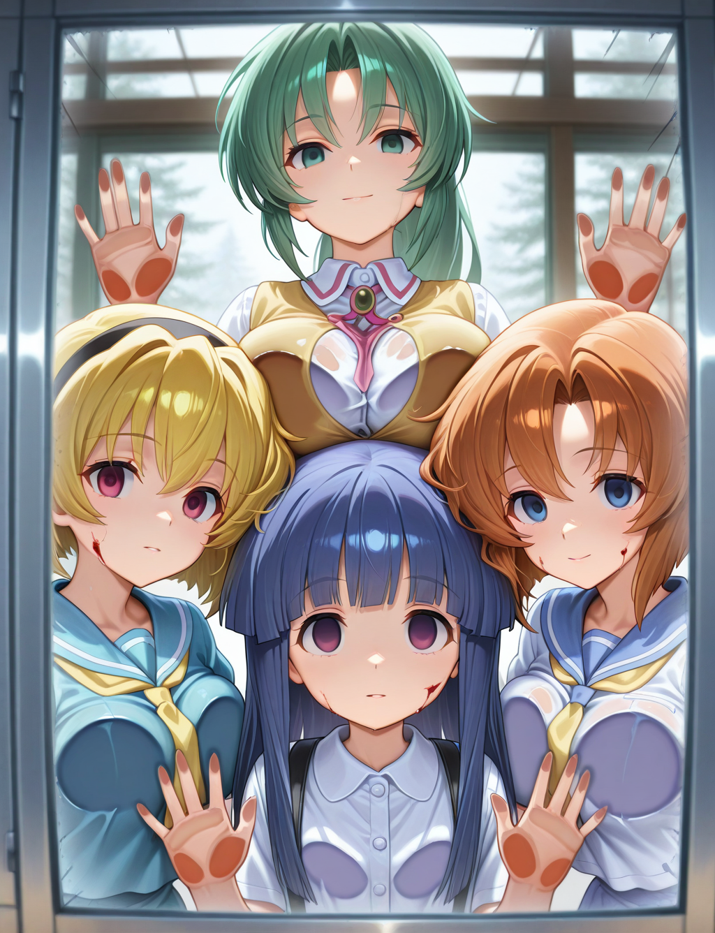masterpiece,best quality,higres illustration,detailed face,upper body,<lora:multiglass_IL:1.1>,against glass,4girls,looking at viewer,blood,blood on glass,injury,smile,smud,empty eyes,ryuuguu rena,sonozaki mion,houjou satoko,furude rika,