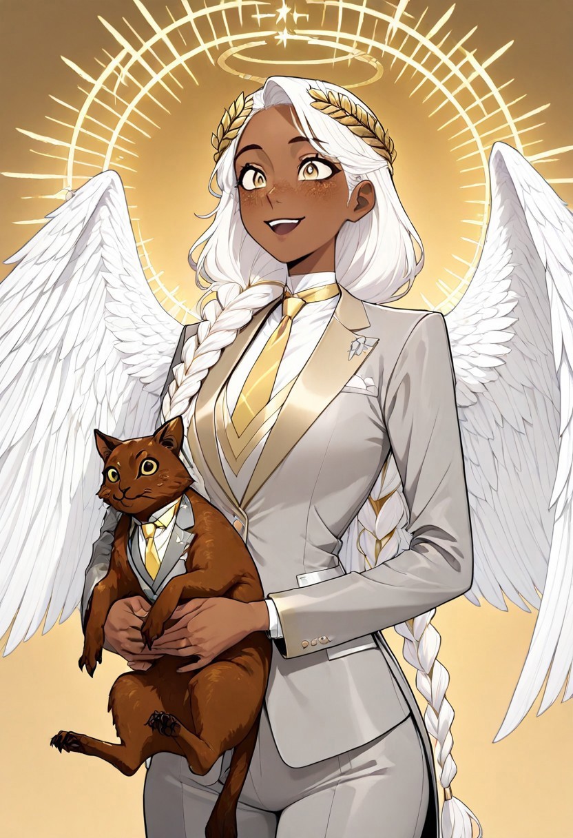 masterpiece, best quality, newest, absurdres, highres, 
DTILV1.0, Tarot, Tarot card,
GABV2.0, 1girl, dark skin, dark-skinned female, grey suit, official attire, official clothes, nectie, yellow necktie, white hair, long hair, braid, single braid, angel, angel girl, halo, wings, angel wings, golden eyes, laurel crown, freckles,
