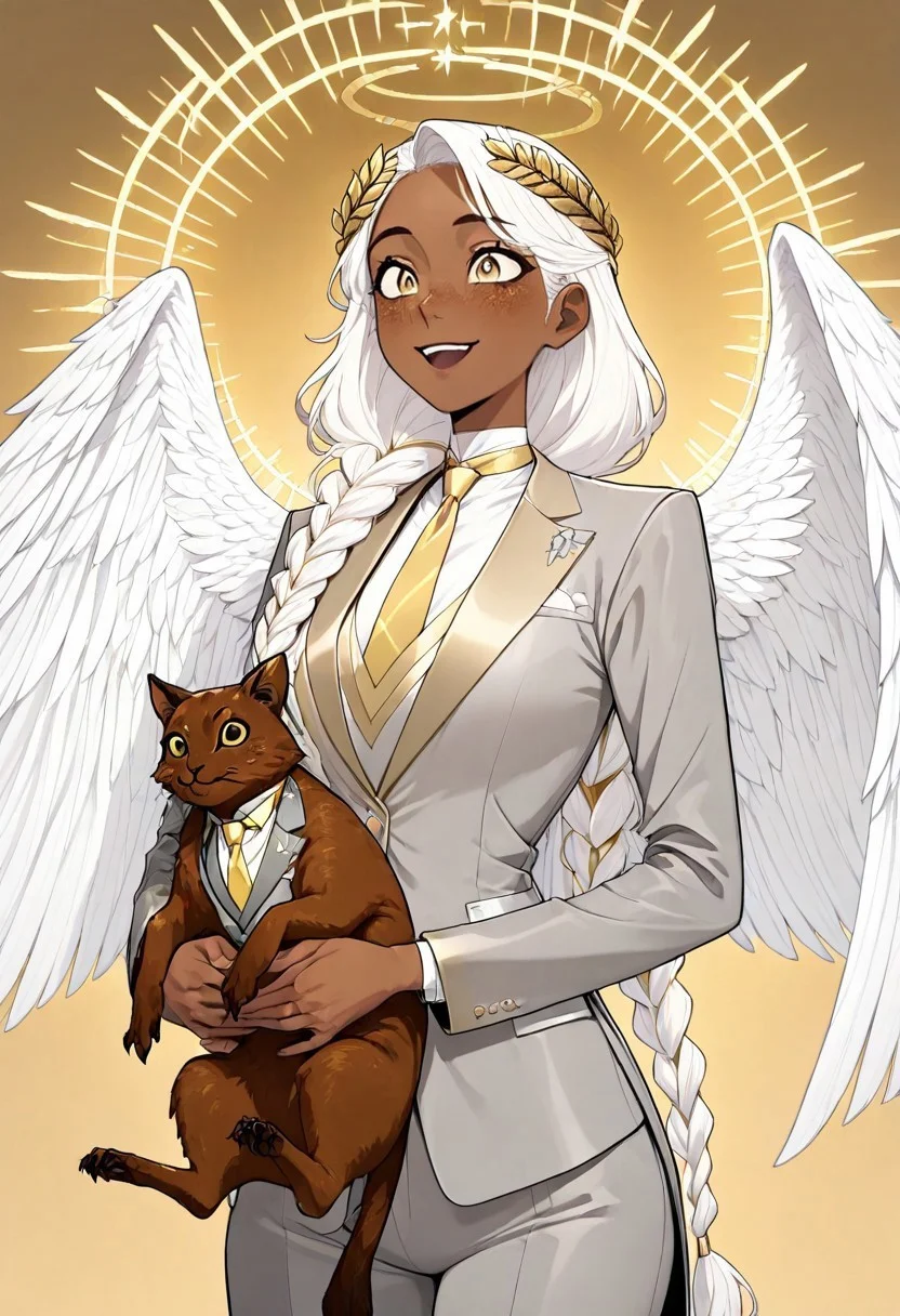 masterpiece, best quality, newest, absurdres, highres,
DTILV1.0, Tarot, Tarot card,
GABV2.0, 1girl, dark skin, dark-skinned female, grey suit, official attire, official clothes, nectie, yellow necktie, white hair, long hair, braid, single braid, angel, angel girl, halo, wings, angel wings, golden eyes, laurel crown, freckles,