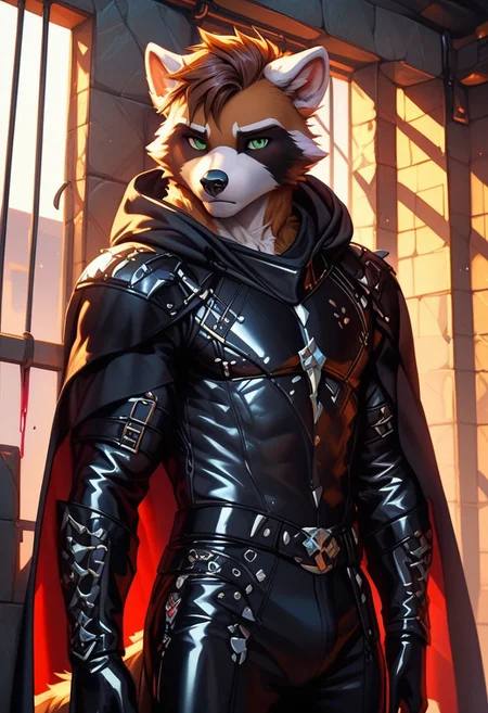 score_9, score_8_up, score_7_up,score_9, score_8_up, score_7_up, ((cowboy shot)), jail, laying down on ground, on back, BREAK, ((High fantasy art style)), solo, male, anthro raccoon, black hooded cloak, (black leather breastplate), black leather greaves, black leather pauldrons, black leather boots, brown hair, ((detailed green eyes)), ((Masterpiece), (absurdres), (shadowy), (mysterious), tired, (eyes bleeding)