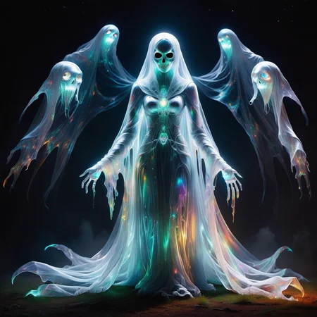 hyper detailed masterpiece, dynamic, awesome quality,DonMSp3ctr4lXL,transluscent female wraith, ghostly spectral entity, shadowy, ethereal, shrouded tattered appearance, glowing eye sockets, spectral, haunting otherworldly presence <lora:DonMSp3ctr4lXL:1>