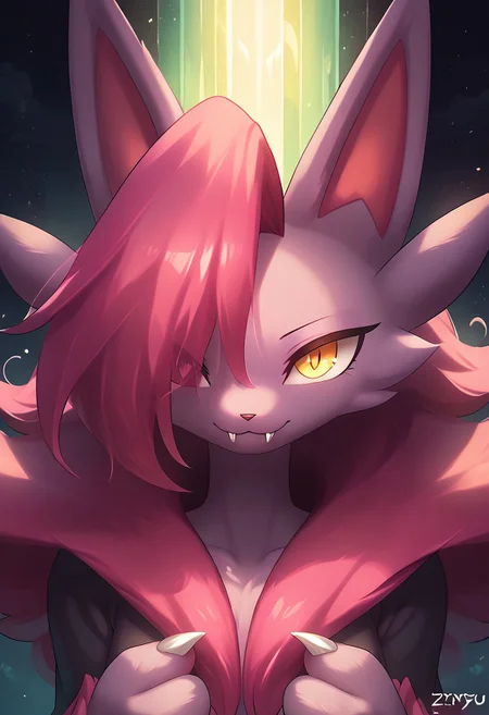 masterpiece, score_9, score_8_up, score_7_up, score_6_up, (by zinfyu), detailed, vibrant, soft lighting, magical realism, hyper-detailed, source_furry, nyafia_palworld, palworld, bang, anthro, furry, pink body, pink hair, fangs, face shot, detailed eyes, anthro, calm and composed expression, soft glowing light, vibrant colors, looking at viewer