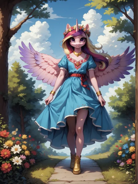 score_9, score_8_up, score_7_up, score_6_up, (realistic illustration:1.2),  1girl, solo, (Princess Cadance:1.2) \(mlp\), (anthro pony:1.1), tail, medium breast, blue dress, red belt, cute, (flower crown:1.2), unicorn horn, (big feathered wings:1.1),
spring, flowering trees, outside, walking, wind,
<lora:Ukrainian_embroidered_shirt:1> Vyshyvanka, Ukrainian embroidered shirt, embroidered shirt, <lora:Anime Summer Days 2 Style SDXL_LoRA_Pony Diffusion V6 XL:0.5> <lora:Realistic000003_1_2.5DAnime_0.05_Merge1:0.5>  <lora:MegaFluffyPony:0.5> MegaFluffyPony, furry, fluffy