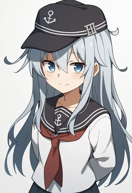 score_9, score_8_up, score_7_up, score_6_up, score_5_up, score_4_up, BREAK, source_anime,
1girl, hibiki \(kancolle\), grey hair, long hair, hair between eyes, blue eyes, anchor symbol, flat cap,
black sailor collar, black skirt, loafers, long sleeves, neckerchief, pleated skirt, sailor collar, school uniform, serafuku,
hands behind back, smile, upper body, looking at viewer, solo, simple background, white background <lora:HibikiXL:1>