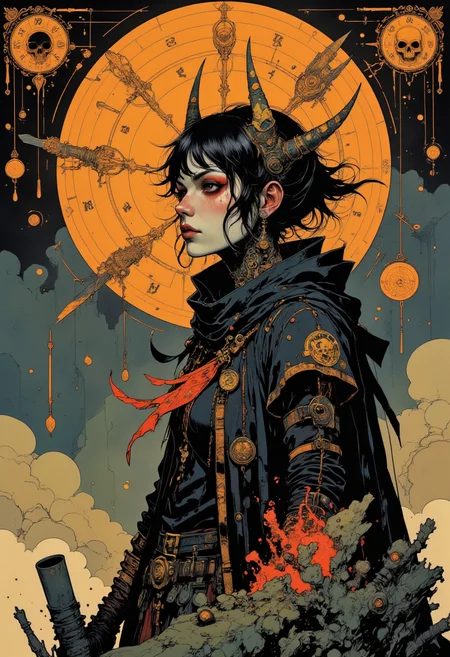 Mangaka style.
paint style of James C. Christensen, illustration, artistic full view profile shot, Ethereal minimalist witch druid of the wilds, mix of cybergoth fashion and goblincore. In the style of black, neon orange, red, and metallic gold. Flat painting background of gold and black magic runes circle with skeletal imagery and unholy glow. Magical glowing embers in the air, the witch radiates with power. Use of palette knives, intricate, contrast between gritty natural and sleek horror, art nouveau, sharp_focus, concept_art, background zentangle fog