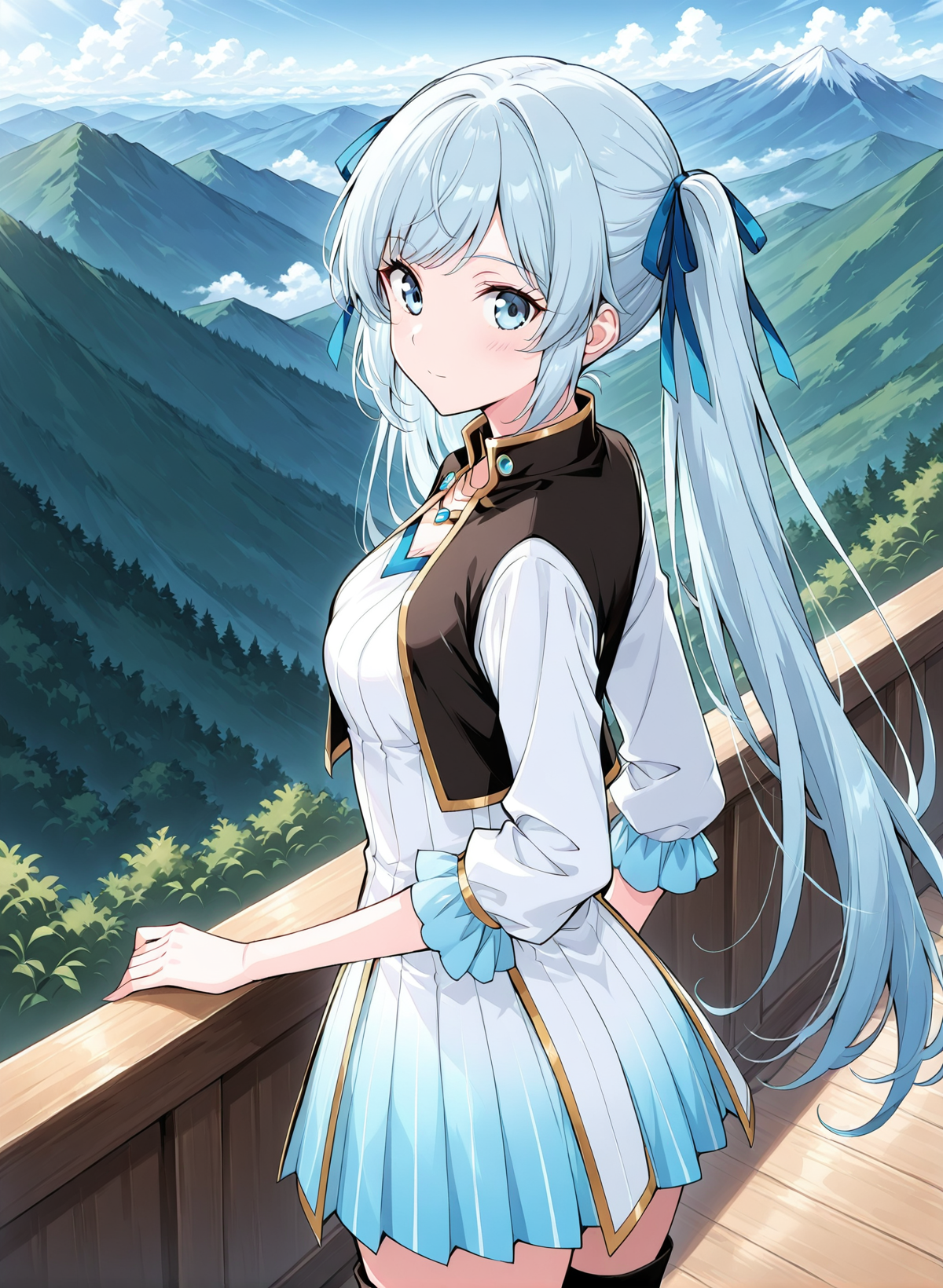 <lora:Xue_Mei_v6__Battle_Through_the_Heavens__Illustrious-000004:1>
1 girl, solo, greyish blue eyes, light blue hair, long hair, straight fringe, twin tails, 
white and blue gradient dress, vertical stripe pattern, long sleeve dress, golden trim, short skirt,  V-neckline, hair ribbon, blue-grey eyes, short fantasy dress, white and blue outfit, sleeveless gold-trimmed vest, sleeveless waistcoat, waistcoat with gold lining, black boots,
score_9, score_8_up, score_7_up, source anime, BREAK, cowboy shot, (from side), looking back, looking at viewer, overlooking mountain, high altitude, scenery, exterior, background