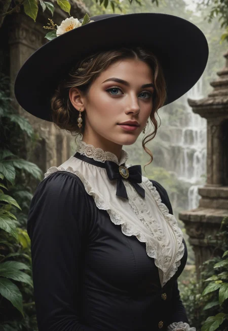 safe_pos, score_9, score_8_up, score_7_up, 1girl, solo, Victorian explorer, elegant Victorian dress with lace and embroidery, antique compass with a brass casing and intricate engravings, long wavy golden hair adorned with a wide-brimmed hat, realistic, cinematic angle, cinematic lighting, slender body, curious face, sparkling blue eyes, adventurous pose 
BREAK 
exploring a hidden ancient temple 
BREAK 
source_Victorian_art, rating_explicit, expressive, full body, dynamic pose BREAK detailed beautiful background, mysterious temple ruins with crumbling stone walls and ancient carvings, lush jungle foliage with exotic plants and vines, hidden treasures and artifacts, distant mountains shrouded in mist, adventurous atmosphere with a sense of discovery and mystery 
<lora:Expressive_H:0.6>Expressiveh, (SimplepositiveXLv1:1.3), (((upper body, full clothed:1.85))) ((masterpiece)) (ultra realistic, 32k, masterpiece:1.2), (high detailed skin:1.1), (high quality:1.1) (((full clothed))) <lora:DandonFuga_Style_v.2_-_Pony:0.8> 
(8k uhd:1,4) 
<lora:add-detail-xl:1> 
<lora:Dynamic Poses:1>