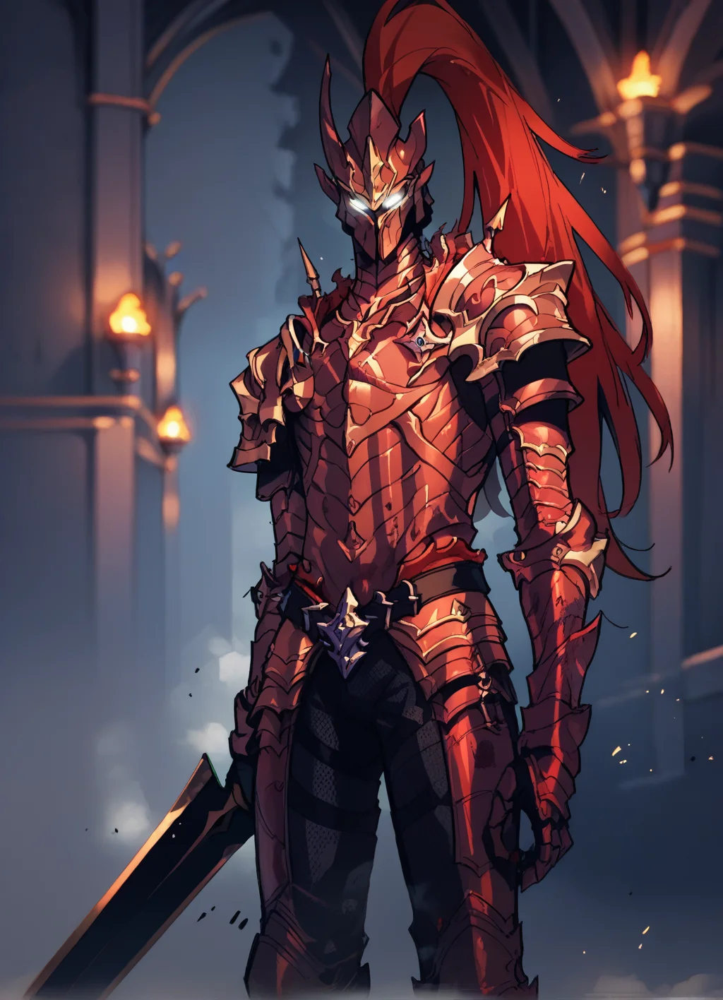 score_9, score_8_up, score_7_up, source_anime, sketch,score_6, holding sword, glitch, standing, lights,blurred background, (fog:1.2),blood,dungeon, solo ,1boy, blood_igris, glowing, white eyes, helmet, armor, dungeon, <lora:Blood_Igris:0.9>