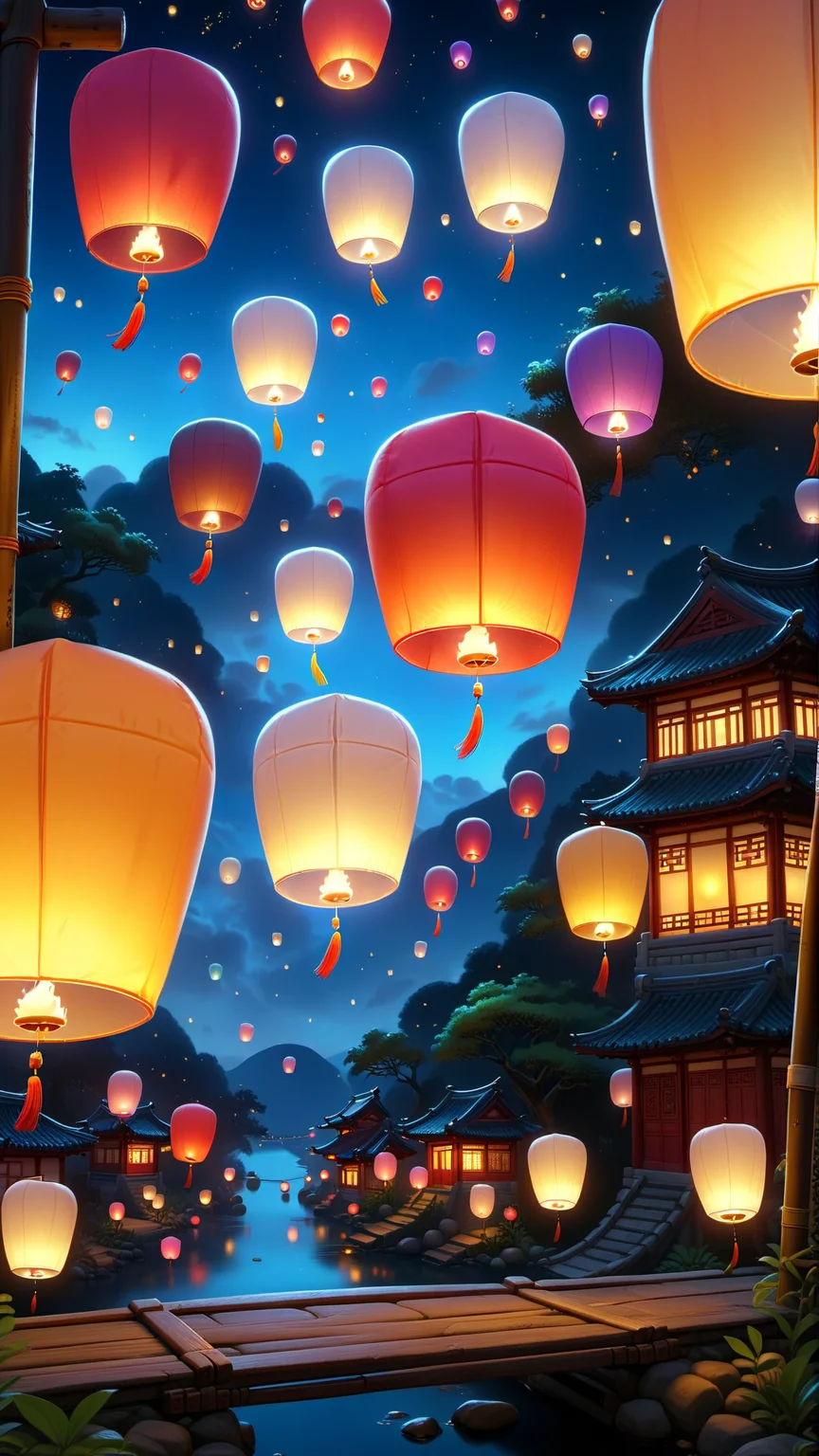 <lora:Chinese Spring Festival Theme_Kongming Lanterns_XSE_GAME_V1-000006:1>,on a small bridge,(no one in the picture:1.6),outdoors,a small number of kongming lanterns,no one,kongming lantern,night,in the style of temmie chang,in the style of realistic and hyper-detailed renderings,strong diagonals,colorful illustrations,2D game art,black outline,3D rendering,4k resolution,best Quality,