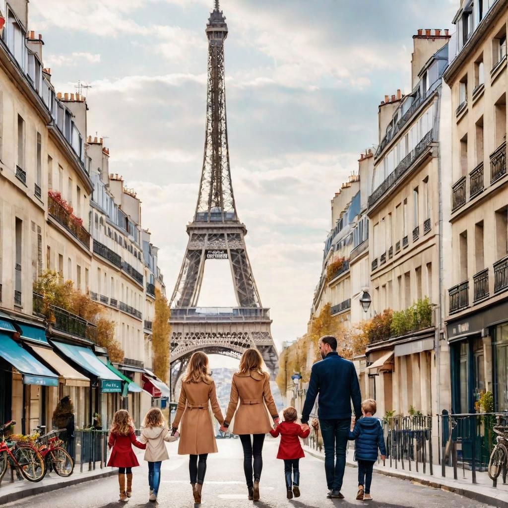 family  walk through Paris in a busy street with many houses and the Eiffel Tower in the background