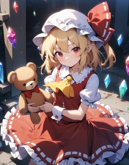 1girl, flandre scarlet, touhou, hat, mob cap, solo, blonde hair, stuffed toy, red vest, wings, stuffed animal, teddy bear, red eyes, crystal, vest, white headwear, outdoor, short sleeves, one side up, holding, puffy sleeves, skirt, shirt, pointy ears, red skirt, looking at viewer, puffy short sleeves, ascot, yellow ascot, wrist cuffs, white shirt, holding stuffed toy, bow, frills, red bow, collared shirt, ribbon, frilled shirt collar, red ribbon, medium hair masterpiece, best quality, very aesthetic, absurdres