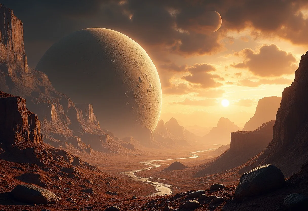 Alien planet landscape by Alena Aenami, Christopher Balaskas, Noah Bradley, Kilian Eng, Beeple, Hyperdetailed, concept art, cinematic composition.