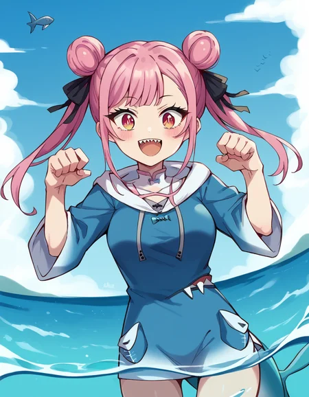 score_9, score_8_up, score_7_up, source_anime, <lora:tao-yuifa-s1-ponyxl-lora-nochekaiser:1>, tao yuifa, long hair, bangs, twintails, hair ribbon, pink hair, pink eyes, hair bun, double bun, medium breasts,, <lora:gawr-gura-cosplay-ponyxl-lora-nochekaiser:1>, gawrguracosplay, gawr gura (cosplay), shark hood, shark costume, blue hoodie, shark tail, animal hood, fish tail,, outdoors, ocean, water, submerged, smile, blush, paw pose, open mouth, fangs, sharp teeth,, , dutch angle, cowboy shot