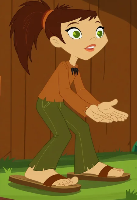 score_9, score_8_up, score_7_up, 1girl, solo,
long-sleeved brown sienna shirt, olive green pants, brown hair, green eyes, sharp ponytail, sandals
woods background,perfect hands, show accurate, perfect feet,