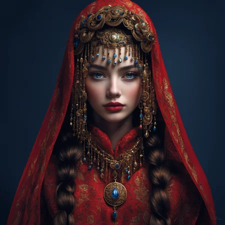 <lora:woman in red>,hn,1girl,solo,veil,blue eyes,looking at viewer,red lips,black background,long hair,braid,necklace,portrait,simple background,brown hair,gem,realistic,lips,closed mouth,head chain,upper body,lipstick,gold,dark background,multiple braids,