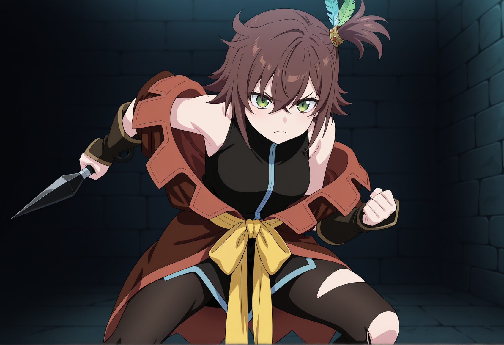 anime screencap, anime coloring, close-up, 1girl, hort hair, brown hair, side ponytail, feather hair ornament, green eyes, sleeveless, vest, off shoulder, sash, pantyhose, torn pantyhose, indoors, dungeon, holding weapon, holding, kunai, angry, fighting stance,  <lora:Nan_tof_Vesperia_r1:1>, masterpiece, best quality, amazing quality, very aesthetic, absurdres, highres, newest
