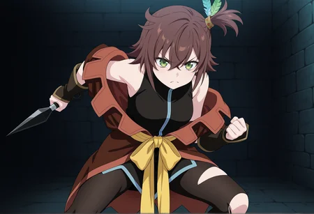 anime screencap, anime coloring, close-up, 1girl, hort hair, brown hair, side ponytail, feather hair ornament, green eyes, sleeveless, vest, off shoulder, sash, pantyhose, torn pantyhose, indoors, dungeon, holding weapon, holding, kunai, angry, fighting stance, <lora:Nan_tof_Vesperia_r1:1>, masterpiece, best quality, amazing quality, very aesthetic, absurdres, highres, newest