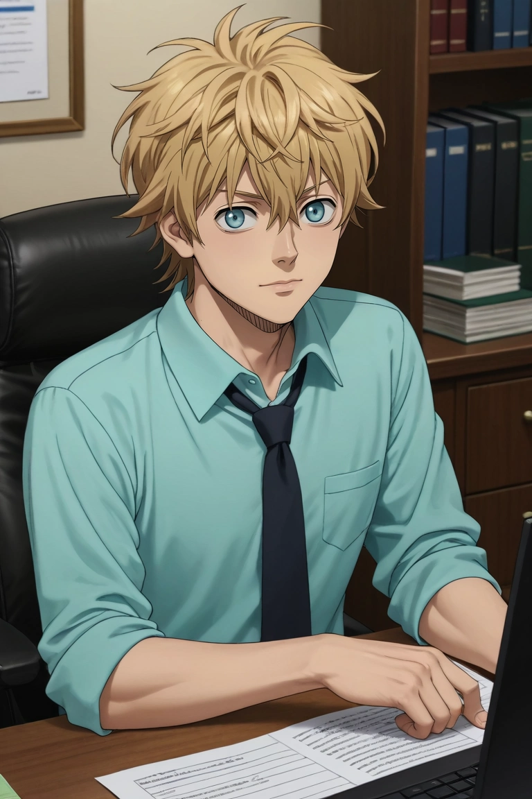 score_9, score_8_up, score_7_up, source_anime, rating_safe, , anime screencap, , , , depth of field, 1boy, solo, male focus, <lora:luck_voltia_pony:0.88>, luck_voltia, blonde hair, blue eyes, short hair, hair between eyes, straight-on, office, computers, indoors, villain pose, giggling, , <lora:sdxl_lightning_8step_lora:1>