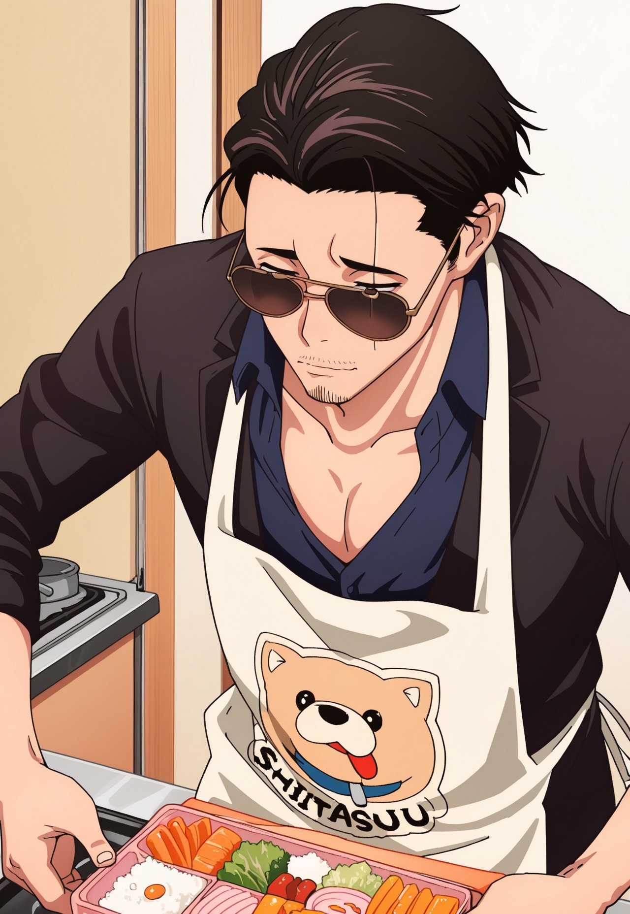 safe_pos, source_anime, rating_nsfw, ultra hd, absurdres, solo, masterpiece, best quality, best aesthetic, 1boy, male focus,

HHTatsu, black hair, facial hair, stubble, sunglasses, apron with dog logo, blue shirt, cooking, bento, kitchen