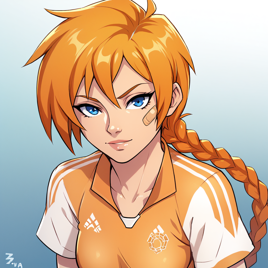score_8_up, BREAK, SamGardner, 1girl, solo, orange hair, long hair, braid, blue eyes, bandaid on face, soccer uniform, short sleeves, looking at viewer,  , upper body,  <lora:SamGardner_PXL_Leaf1:1>, gradient background, front view,