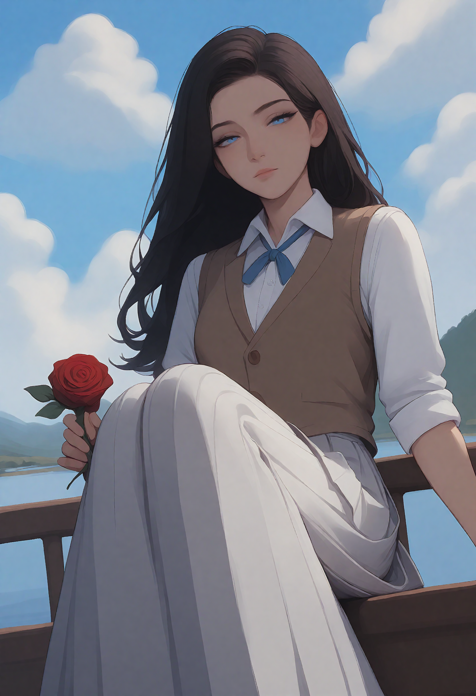 score_9, score_8_up, score_7_up, score_6_up, score_5_up, score_4_up, 1girl, solo, dark hair, long hair, blue eyes, looking at viewer, holding rose, half-closed eyes, white collared shirt, brown vest, pleated skirt, long skirt, sitting, knees up, upper body, day, Eleanor \(people's works\), boat, river, cloud, blue sky, from below