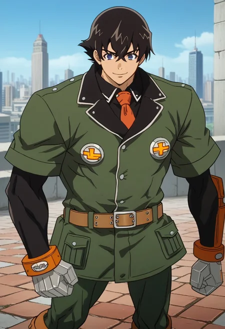 score_9, score_8_up, 1boy, yukiteru_amano's head, ggstpot's body, source_anime, anime screencap, anime coloring, 2d, zPDXL2, black hair, blue eyes, short hair, hair between eyes, huge male, ultra-muscular male, no helmet, green jacket, pants, boots, gauntlets, belt, spikes, outdoors, detailed background, cityscape, torn up pavement, cracked pavement, flexing muscles, power stance, imposing presence, goofy smile, confident