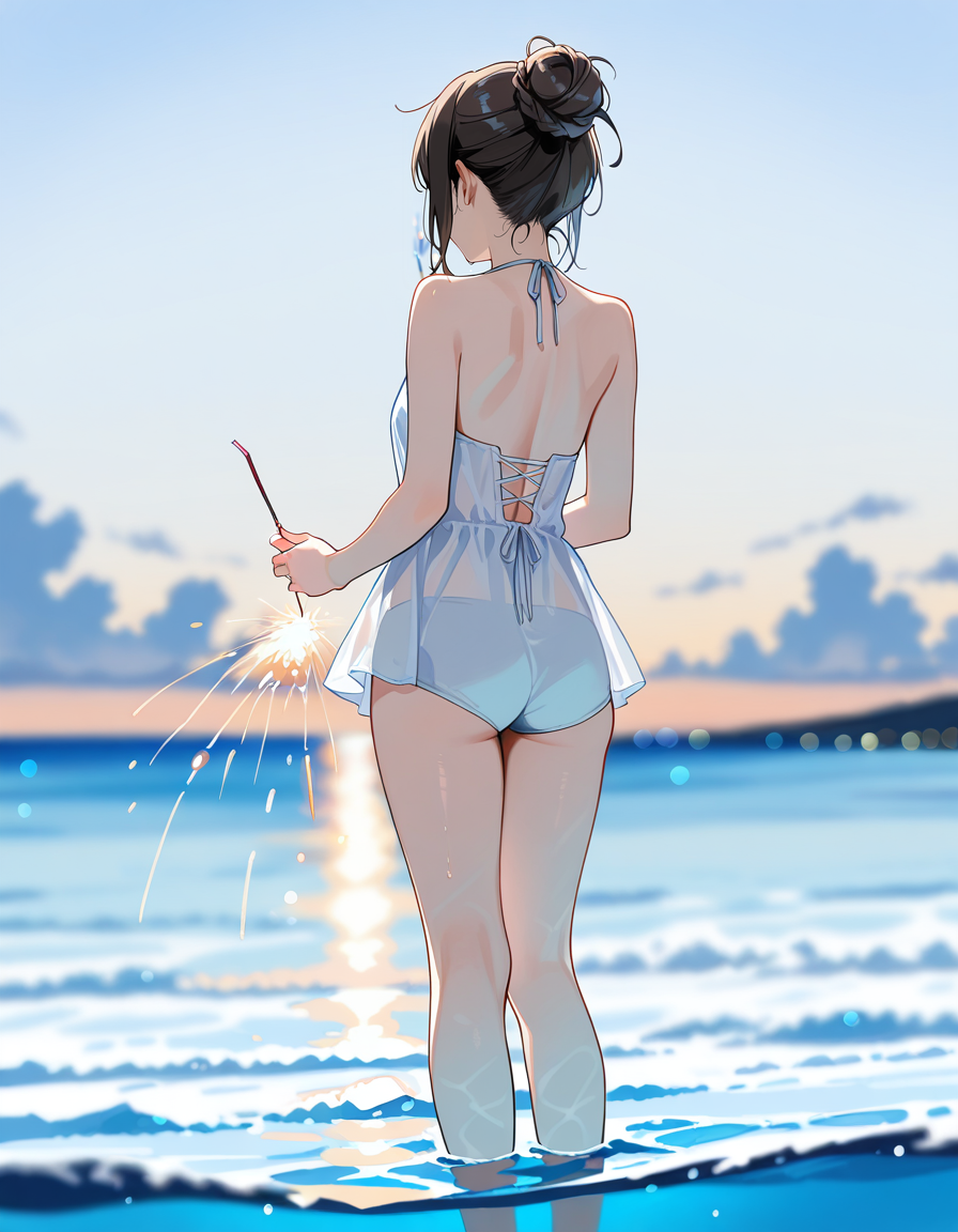 score_7_up, anime BREAK official art, solo, 1girl, one girl, 
<lora:temochihanabi:1>, temochihanabi, 
1girl, solo, sky, outdoors, fireworks, cloud, from behind, blurry, wading, holding, hair bun, ocean, depth of field, blue sky, sunset, facing away, standing, back, bare shoulders, hand-held fireworks, Two handed
(masterpiece:1.3), best quality, high resolution, unity 8k wallpaper, extremely detailed CG, 8K, (watercolor \(medium\), muted color, sketch:1.1), perfect anatomy, highly finished, masterpiece, best quality, high quality, amazing quality, great quality, very aesthetic, ultra detailed, highres, absurdres, highly detailed, highly detailed background,