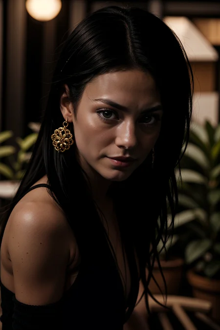 bhsm1, 1girl, black hair, earrings, outdoors, long hair, potted plant, solo, upper body, , close-up, dark background,
masterpiece, best quality, intricate detail, <lora:LCM_LoRA_Weights_SD15:1> <lora:backlight_slider_v10:-0.5>