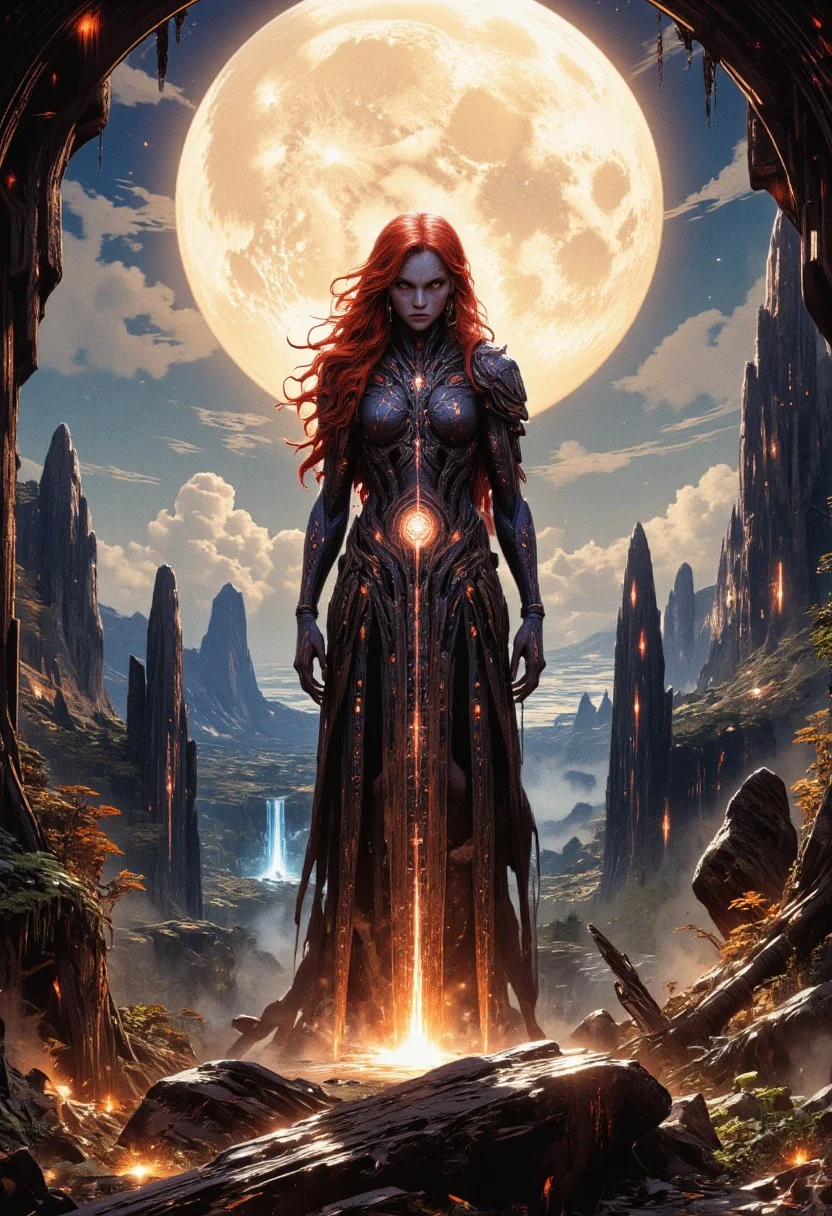 low angle, close up shot, moon rays, A digital painting in the style of ck-js, of aa fantasy landscape, chiaroscuro, chiaroscuro, god rays; a girl with red hairs, ghostly pale yes, bioluminescent runes covering her body, transluscent dress catching the full moon light stands upright among several ancient raised stones dating from the neolithique stonehenge period, carved with glowing celtic runes and symbols, in the background the landscape is a large valley, a distant waterfall, , Lushy misty fantasy forest in the background, backlit, glow hyper realistic, natural soft rim light, cinematic lighting, (sharp focus,absurdres,high quality,masterpiece,highres,best quality:1.5), ethereal landscapes, dynamic light, depth of field, biotech emotion: PEAnimeBG, Background, phtorealistic scenery, Magical Autumn