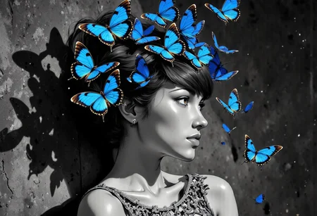 diclrpp, A cinematic black and white portrait of a woman with an elaborate architectural updo hairstyle, photographed against textured gray velvet. Her skin, couture gown, and surroundings are rendered in rich monochromatic tones with dramatic lighting that creates deep shadows and bright highlights. The only color comes from a cluster of vibrant butterflies emerging from within her sculptural hairstyle - their wings displaying jewel tones of glowing cyan that appear almost luminous against the grayscale setting. Some butterflies rest partially in her hair while others have just taken flight, creating a fluttering halo of color around her otherwise monochrome appearance. The contrast is heightened by the perfectly still, serene expression on the woman's face, as if the chromatic emergence is a natural extension of her being rather than something extraordinary. Tiny particles of dust or pollen visible in the dramatic lighting appear temporarily colored when passing through the butterfly cloud. .j_art