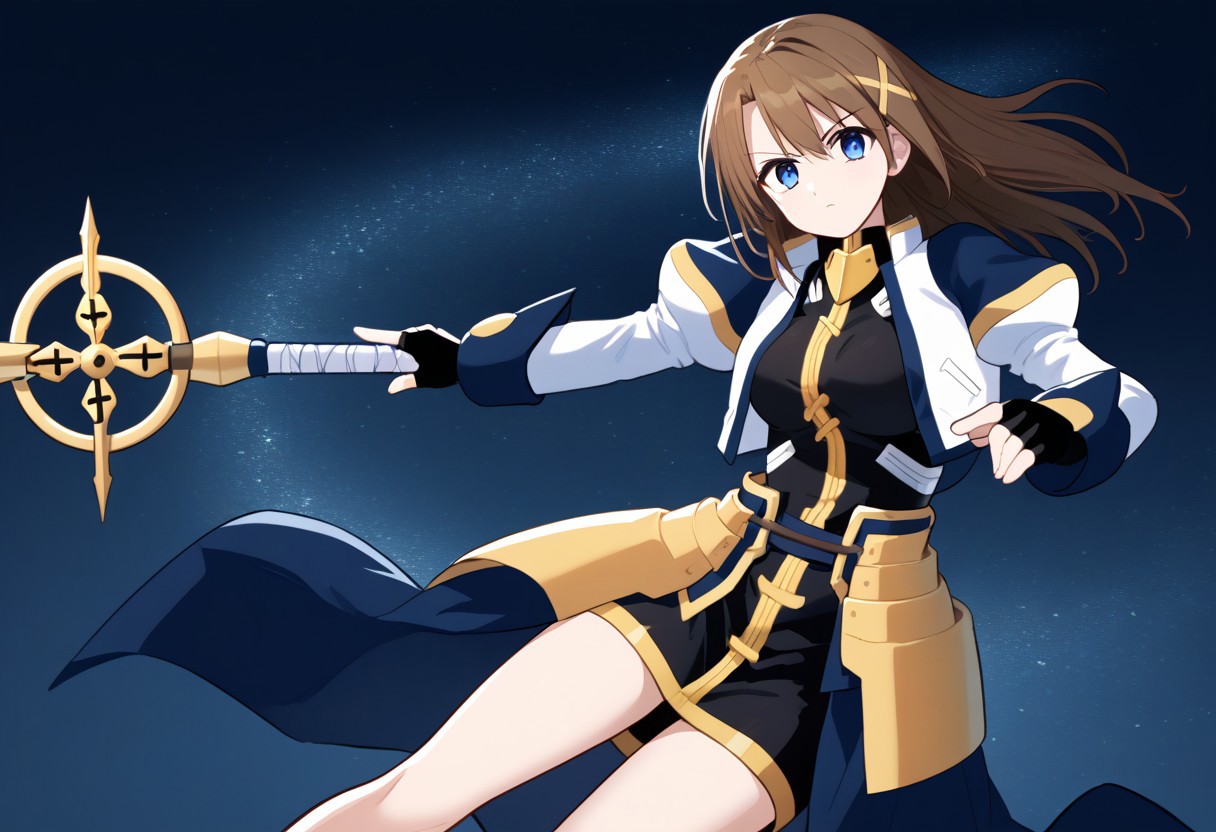 score_9, score_8_up, score_7_up, source_anime, good anatomy, 1girl, solo, HayateYagami, brown hair, long hair, x hair ornament, blue eyes, black dress with gold trim, short dress, fingerless gloves, no waist cape, no faulds, puffy sleeves, juliet sleeves, cropped jacket, open jacket, white and navy blue jacket, bare legs, fighting stance, night sky, cross staff, holding cross staff, holding