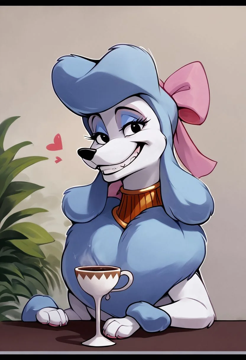 score_9,score_8,score_7,source_furry,
<1girl:1.5>,
<solo:1.5>,
georgette_oliver, georgette_poodle, 1girl, solo, furry female, furry, smile, bow, pink bow, hair bow, cup, letterboxed, parody, plant, grin, breasts, jewelry, style parody, upper body, teeth, poodle_girl, feral, dog, canine, poodle, sfw, safe,meme, Grimace,
detailed,
4k,
8k,
full hd,