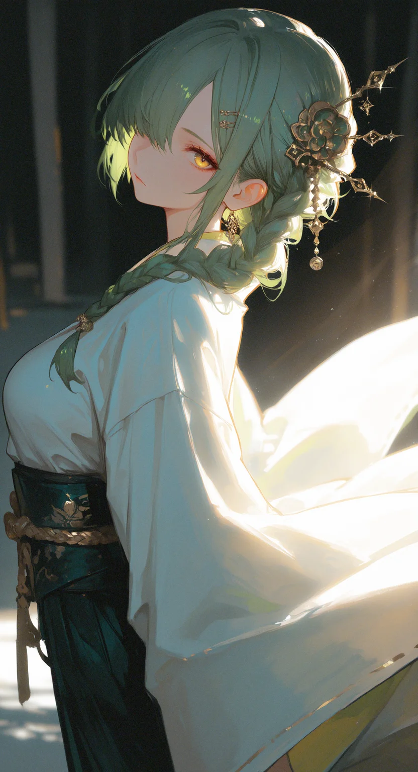 masterpiece, best quality, good quality, very awa, very aesthetic, absurdres, newest, 1girl, solo, long hair, closed mouth, Amber eyes, braid, green hair, hair over one eye, medium breasts, jewelry, japanese clothes, wide sleeves, hair ornament, Hairpin, earrings, dynamic pose, glintï¼ looking at viewer, blurry, blurry background,
bloom, sunbeam,sidelighting,light rays, From Side,Dutch Angle,Perspective,low view, <lora:ponyv6_noobV1_2_adamW-000017:0.7> <lora:USNR_STYLE_XL_lokr:0.45> <lora:EtherSDXL:0.15> <lora:745cmSDXLvpred75S:0.45>