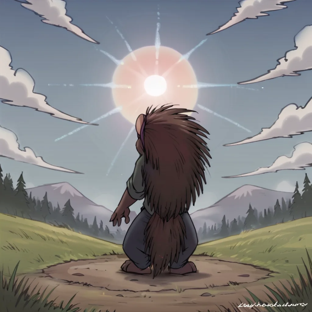 score_9, score_8_up, score_7_up, score_6_up, standing, solo, sky, sun, grass, day, full-length portrait, solo focus, digital drawing \(artwork\), rear view, looking away, <lora:Holly the Porcupine (EWS)_PDXL:1> hollyews