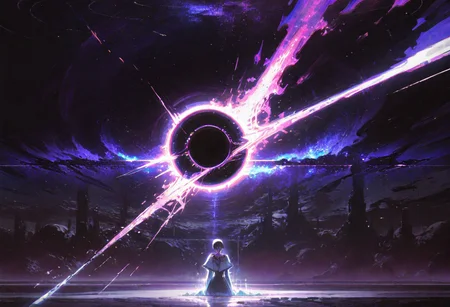in the style of Yoann Lossel, Marc Simonetti, best quality, great composition, dramatic lighting, dark, corrupted entity, made of pure stardust, burning sigils, piercing glare, covered eyes, holographic colors, purple and dark colors, vibrant, black hole, dark star, galactic, interstellar, galactic devour