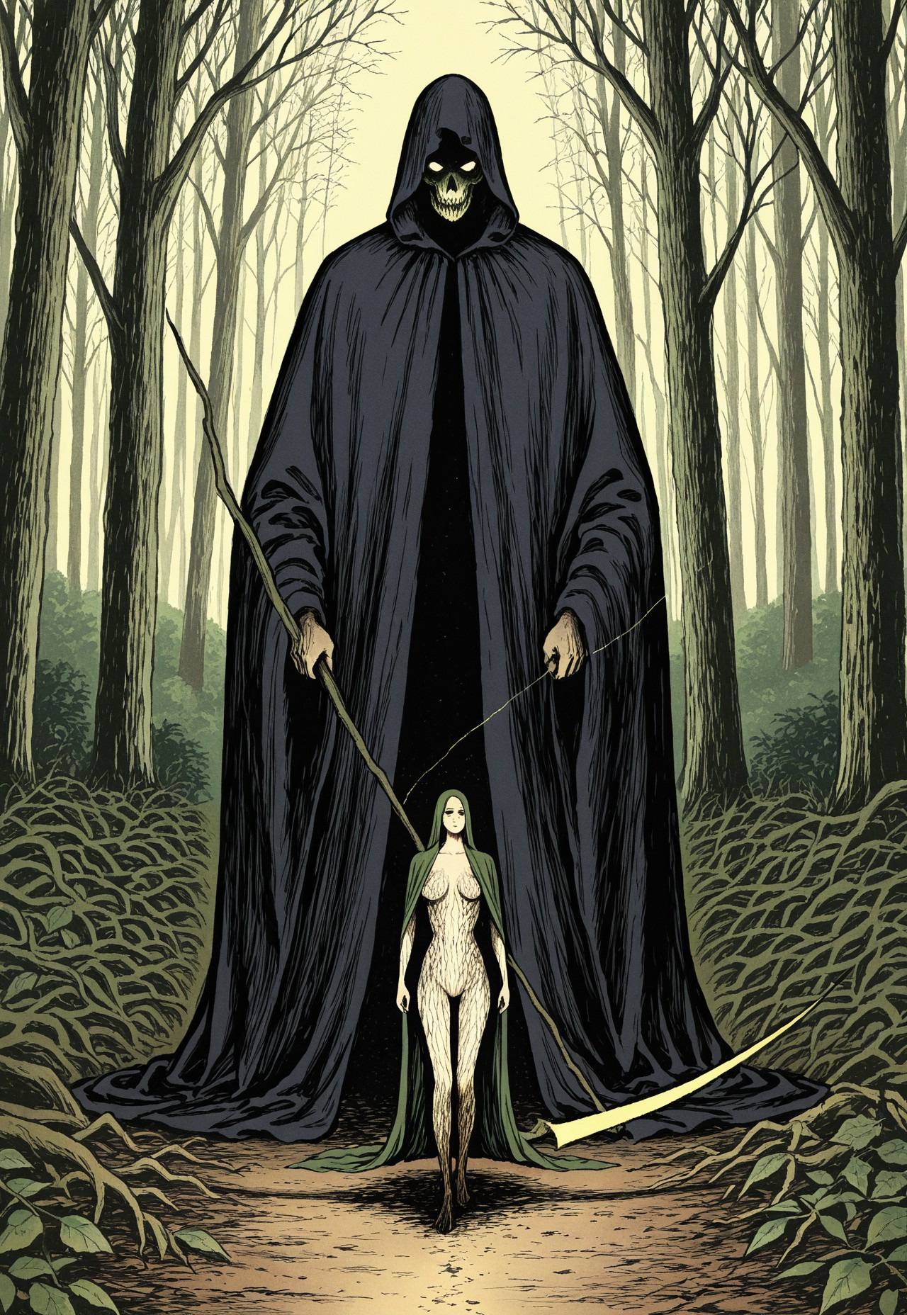 A dark forest clearing bathed in moonlight. A hooded figure in a tattered cloak stands at the edge of the trees, their face obscured by a hood. The ground is covered in shadows and patterns formed by fallen leaves. Behind the figure, the trees seem to lean closer, their branches forming creepy shapes. The figure's shadow stretches unnaturally long, merging with the darkness of the forest. The figure is holding a long scythe, dragging it along the ground behind him as he walks through the dense forest.
BREAK
vintage horror comic, shadows, junji ito influence, (safe_pos, fine texture, masterpiece, ultra-detailed, very aesthetic, absurdres, volumetric lighting, scenery), BREAK.