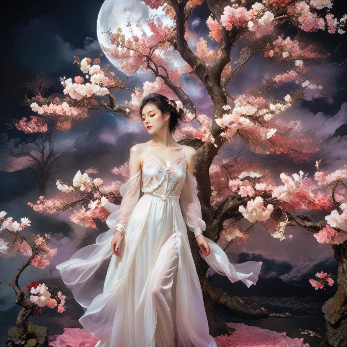 <lora:add-detail-xl:1.0>, 1girl, solo, dress, tree, moon, closed eyes, jewelry, black hair, see-through, cherry blossoms <lora:LangV1:0.7>, <lora:RuanV1:0.6>,