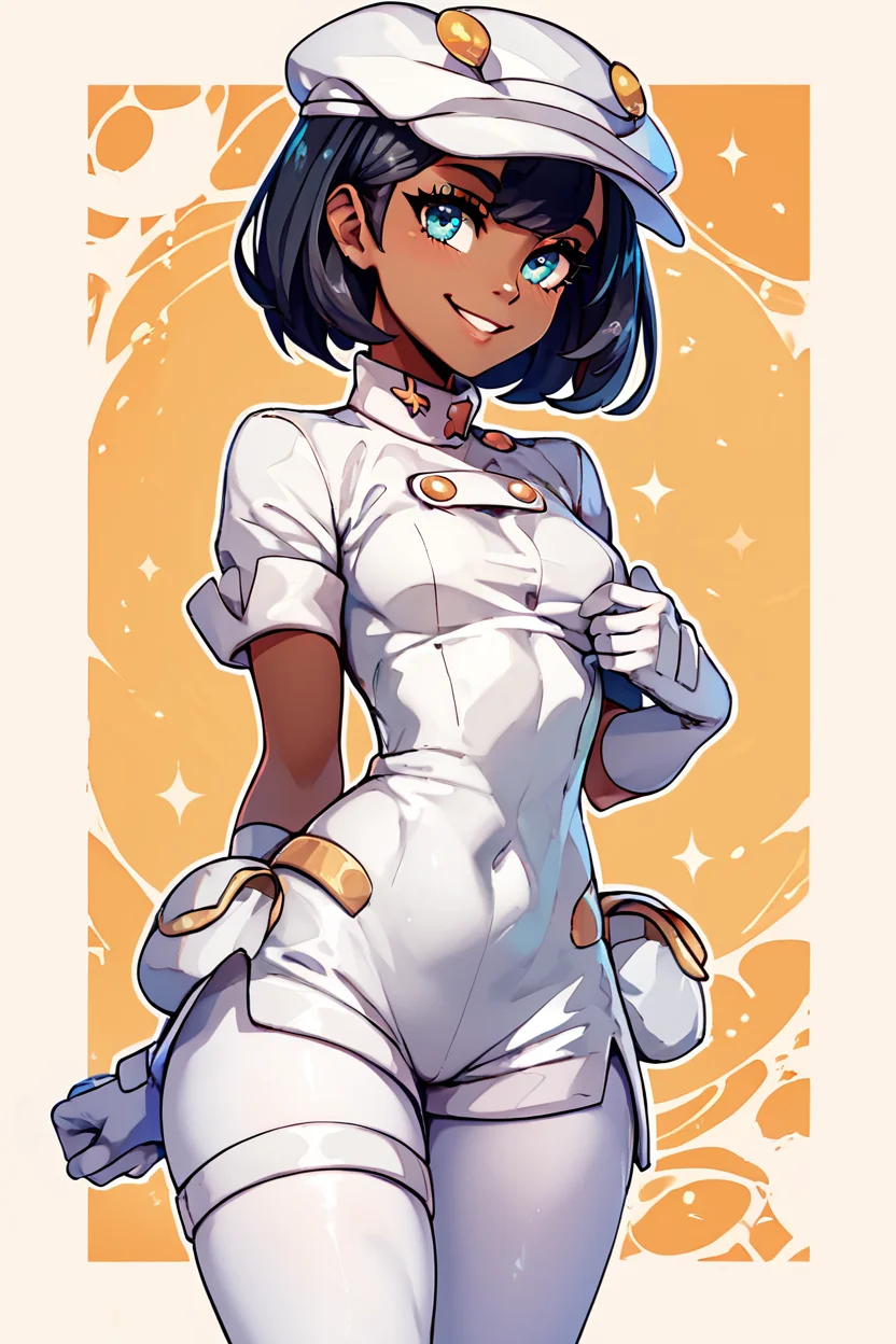 score_9, score_8_up, score_8, medium breasts, (curvy), cute, eyelashes, BREAK, , zzAether, dark skin, white cabbie hat, black hair, white uniform, white pantyhose, white gloves, <lora:Aether_Employee_Pokemon_PDXL_v1:0.8>, BREAK, smile, looking at viewer, abstract background, white outline, cowboy shot, embedding:zPDXL, Expressiveh, <lora:CatalystStylePDXL:0.6>, <lora:SDXLFaeTastic2400:0.5>, <lora:Expressive_H-000001:0.4>,