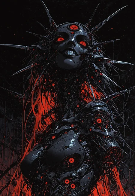 masterpiece, best quality, amazing quality, high resolution, aesthetic, 1girl, (robot girl:1.5), (robot face:1.3), black body with red details, retro sci-fi, big grin, amputee, missing arm, , red eyes, asymmetric hair, headtilt, broken robot, crazy, dark background, DRKWB, mcnm, blades, dangerous, from angle, horror background, close up