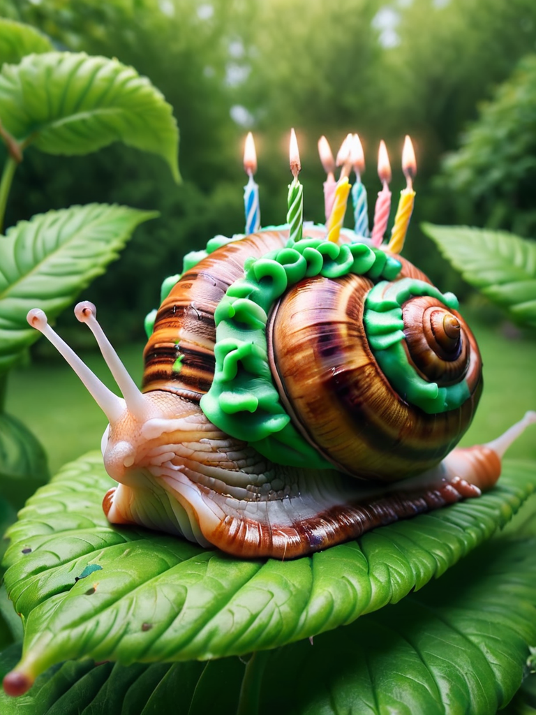 ais-bday snail on a leaf, in the garden<lora:Birthday_Style_SDXL:1>
