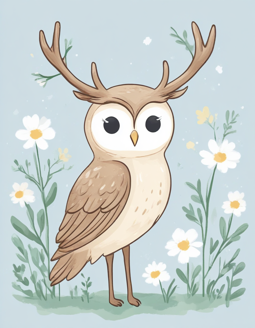 novuschroma57 style cartoon owl deer with flowers   <lora:novuschroma57 style_simple:1>  <lora:sdxl_lightning_8step_lora:1>