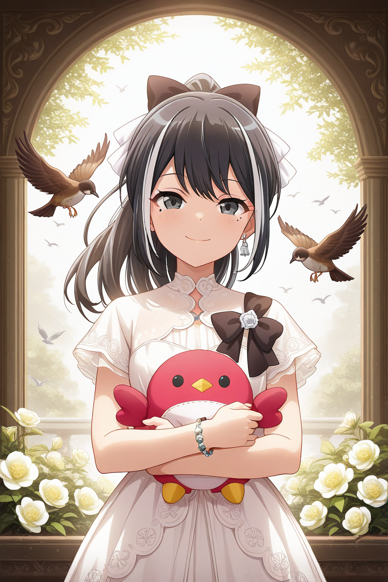masterpiece, best quality, amazing quality,
 <lora:Kuina_IL:1> kuina, 1girl, black hair, jewelry, ponytail, smile, bracelet, multicolored hair, solo, stuffed toy, streaked hair, dress, hair bow, bow, mole, long hair, flower, earrings, looking at viewer, stuffed animal, white hair, white dress, black eyes, bangs, bird, upper body
