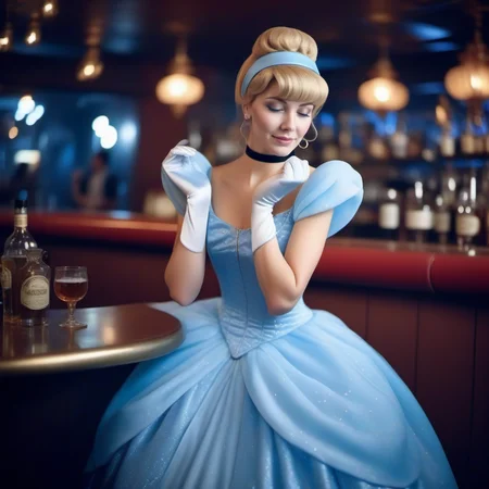 cinematic photo a (((very drunk))) cinderella in a bar<lora:Cinderella1024:0.8> . 35mm photograph, film, bokeh, professional, 4k, highly detailed