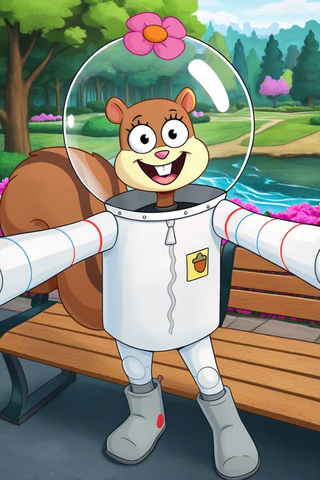 masterpiece, best quality, amazing quality, absurdres, sandycheeks, 1girl, furry female, brown fur, squirrel girl, squirrel tail, solo, smile, looking at viewer, open mouth, wave, space helmet, pink flower, white spacesuit, grey boots, outdoors, park, bench, trees