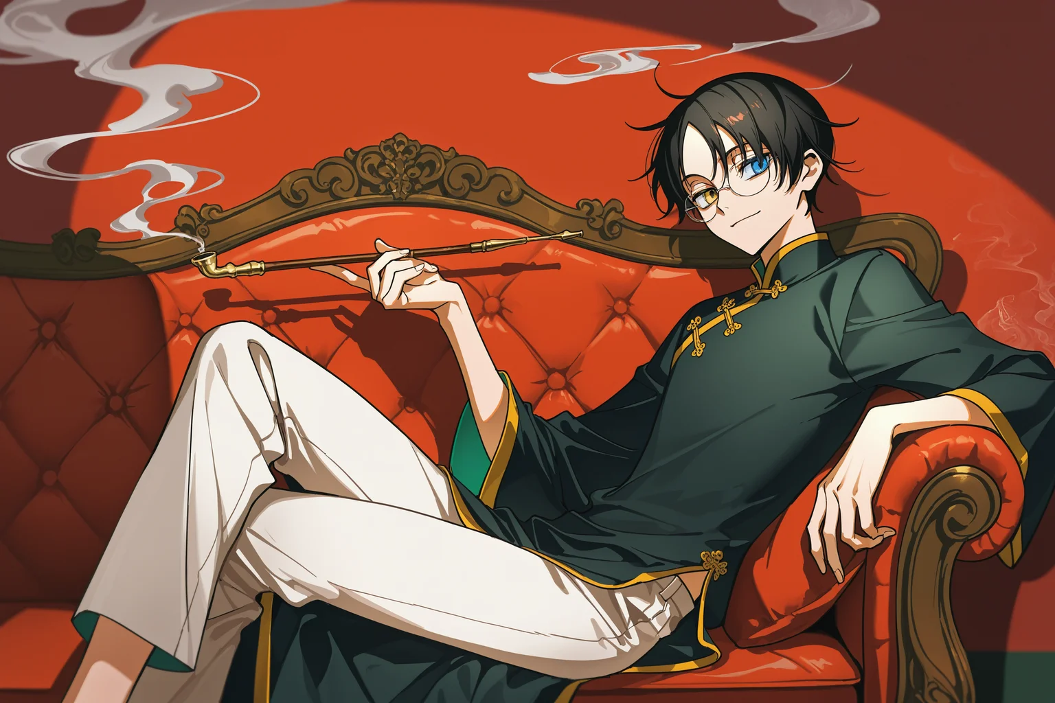 masterpiece, best quality, absurdres, safe
1boy kimihiro watanuki, heterochromia, glasses, sitting, chinese clothes, black shirt, holding, smoking pipe, smoke, from side, looking at viewer, light smile, crossed legs, white pants, sofa, shadow
artist:yoneyama mai
<lora:xxxholic_il_1_d16:1>