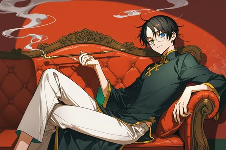 masterpiece, best quality, absurdres, safe
1boy kimihiro watanuki, heterochromia, glasses, sitting, chinese clothes, black shirt, holding, smoking pipe, smoke, from side, looking at viewer, light smile, crossed legs, white pants, sofa, shadow
artist:yoneyama mai
<lora:xxxholic_il_1_d16:1>