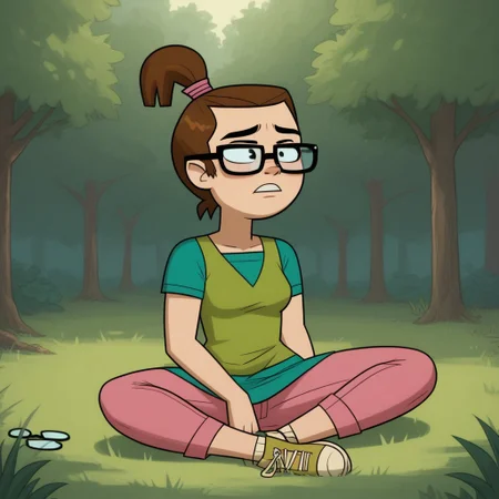 score_8, score_9, break, solo, beth_td, brown hair, ponytail, glasses, tied shirt, pants, trees, grass, natural lighting